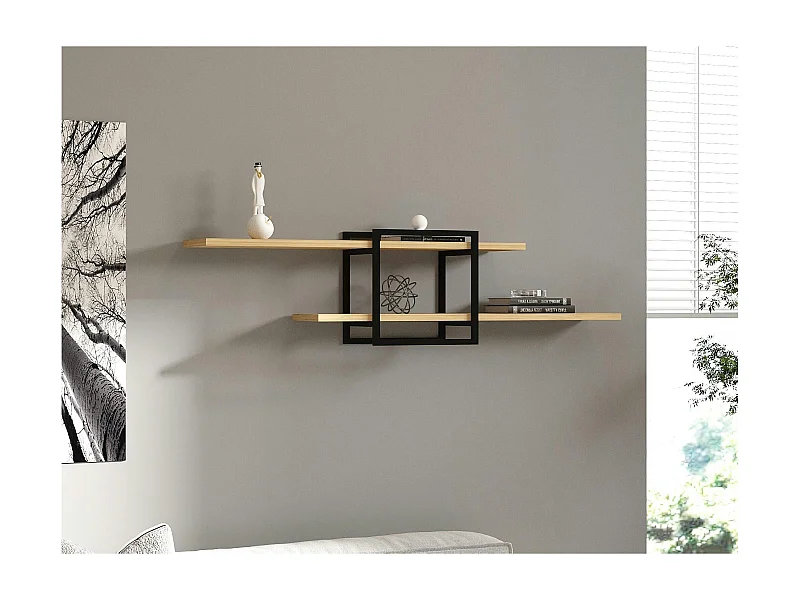 Étagère murale design effet bois clair - 1 cube, 2 plateaux JENA