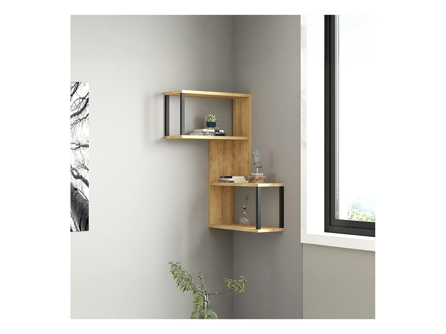 Etagère murale d'angle effet bois clair - 2 niches JENA