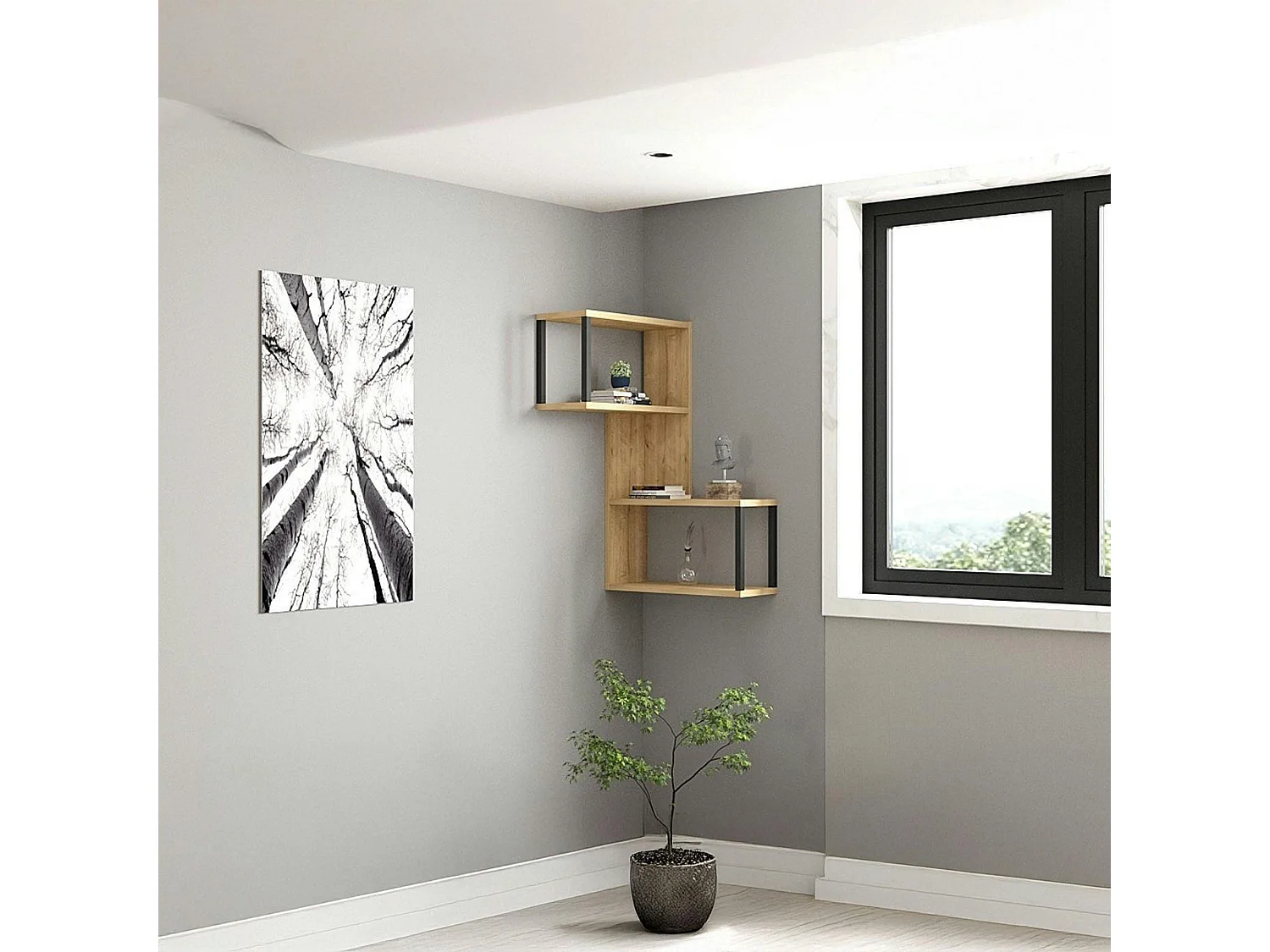 Etagère murale d'angle effet bois clair - 2 niches JENA