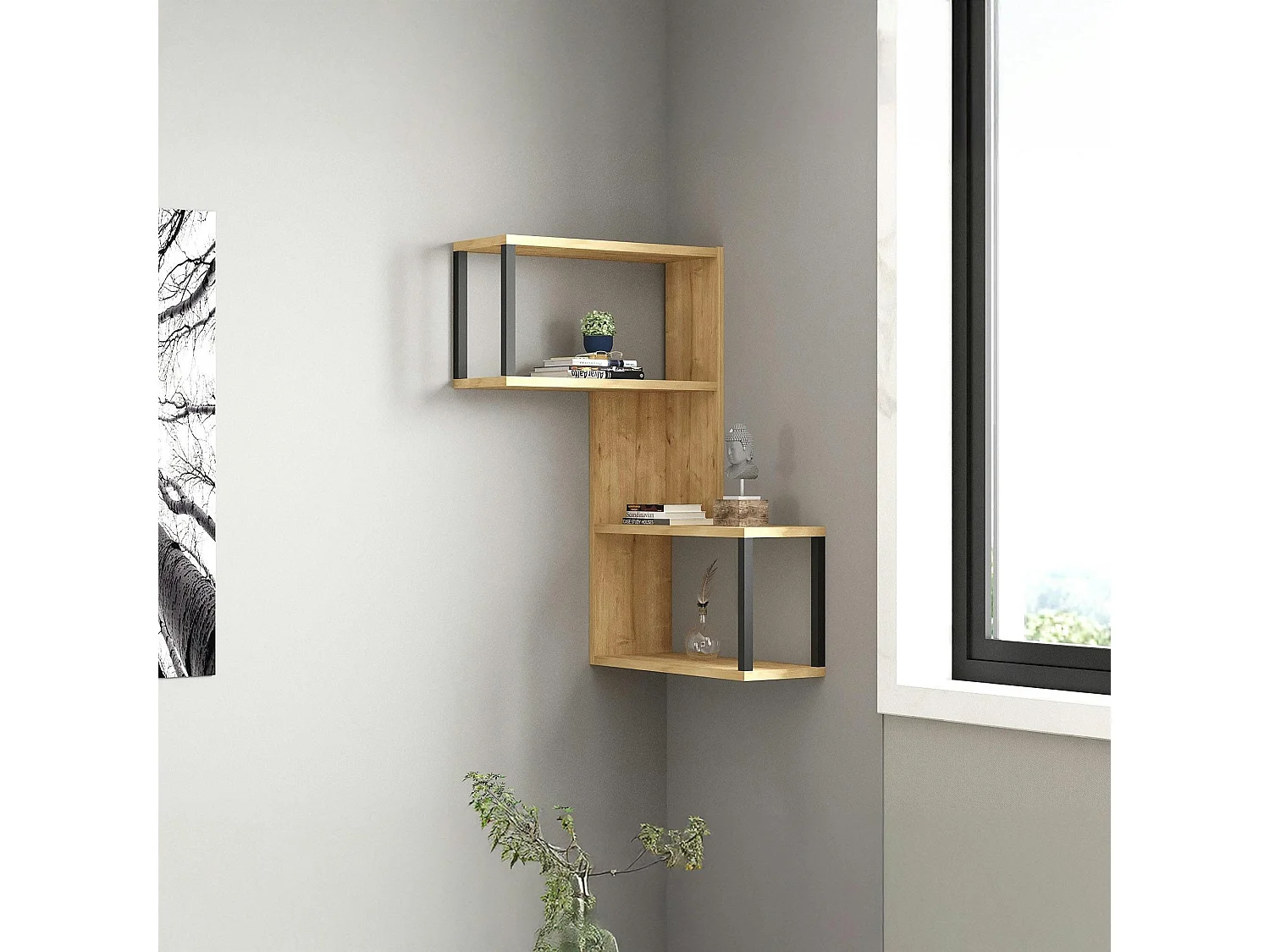 Etagère murale d'angle effet bois clair - 2 niches JENA