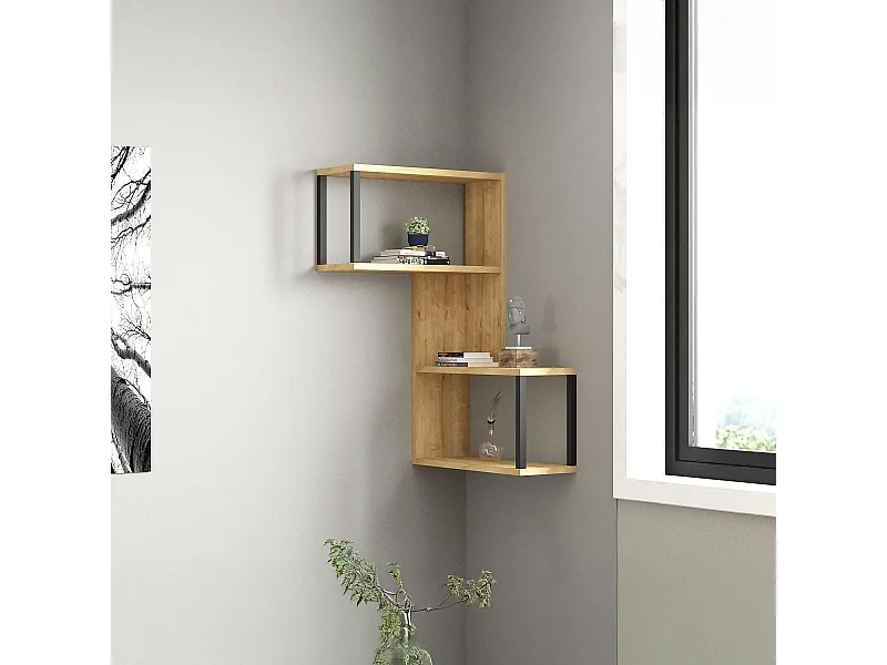 Etagère murale d'angle effet bois clair - 2 niches JENA