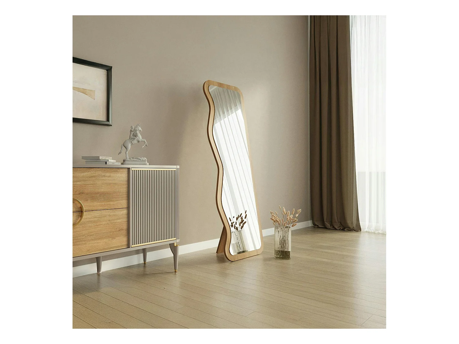 Miroir plein pied moderne - ondulations effet bois clair CODY