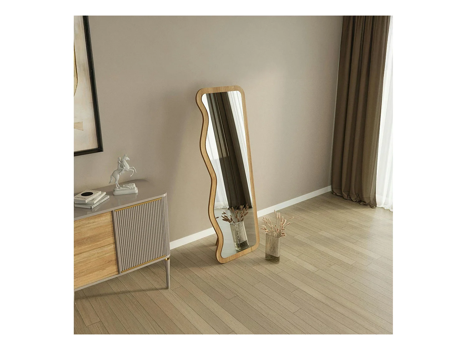 Miroir plein pied moderne - ondulations effet bois clair CODY