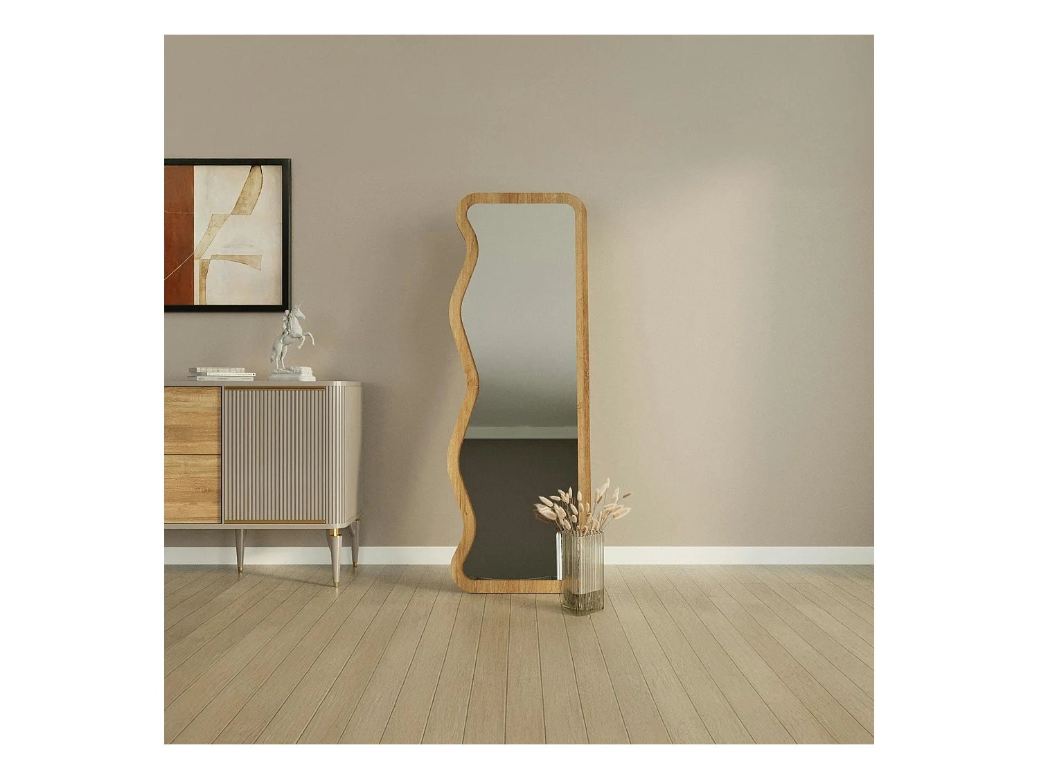 Miroir plein pied moderne - ondulations effet bois clair CODY