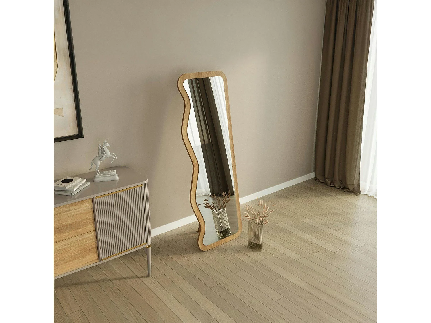 Miroir plein pied moderne - ondulations effet bois clair CODY