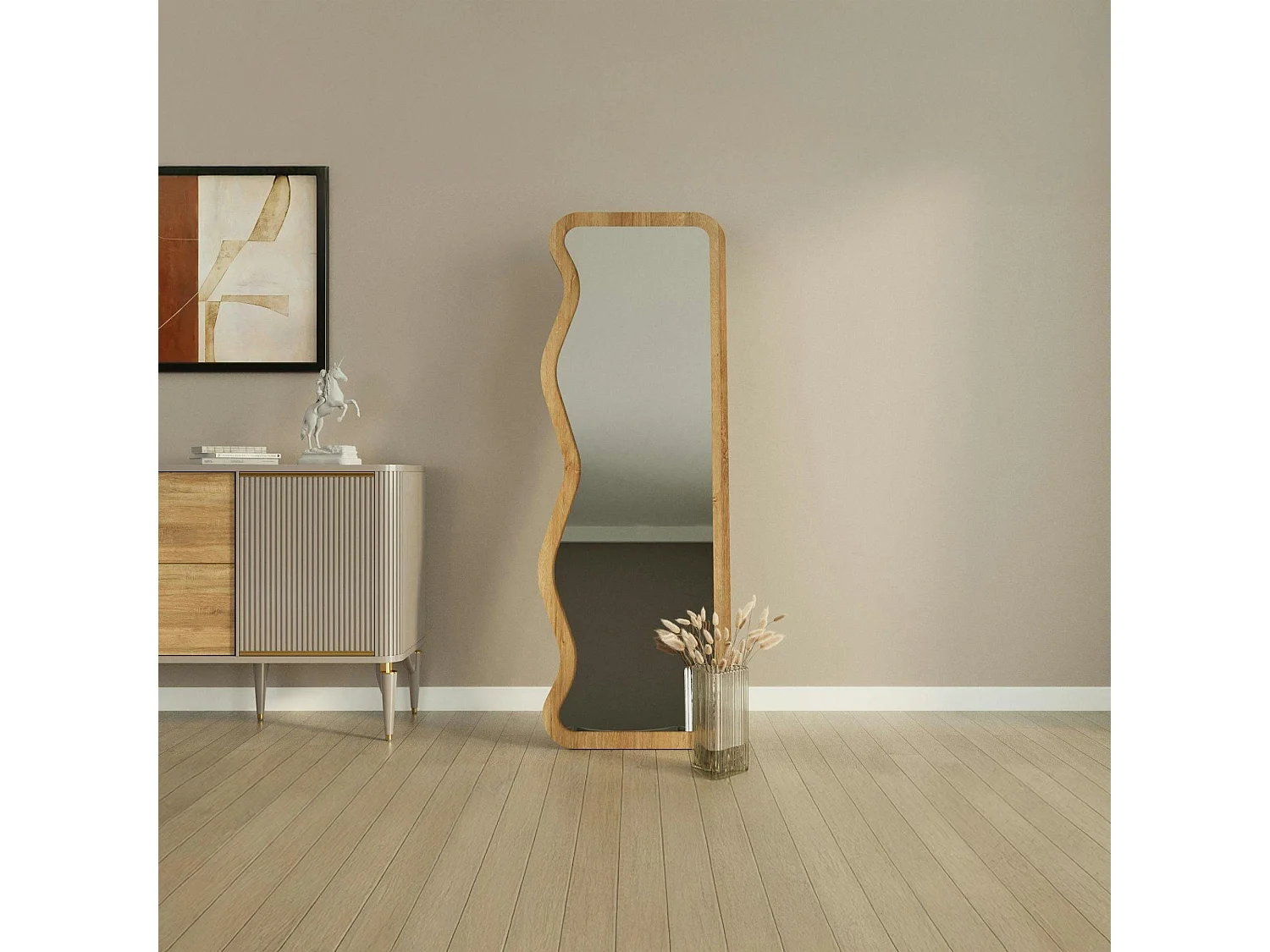 Miroir plein pied moderne - ondulations effet bois clair CODY