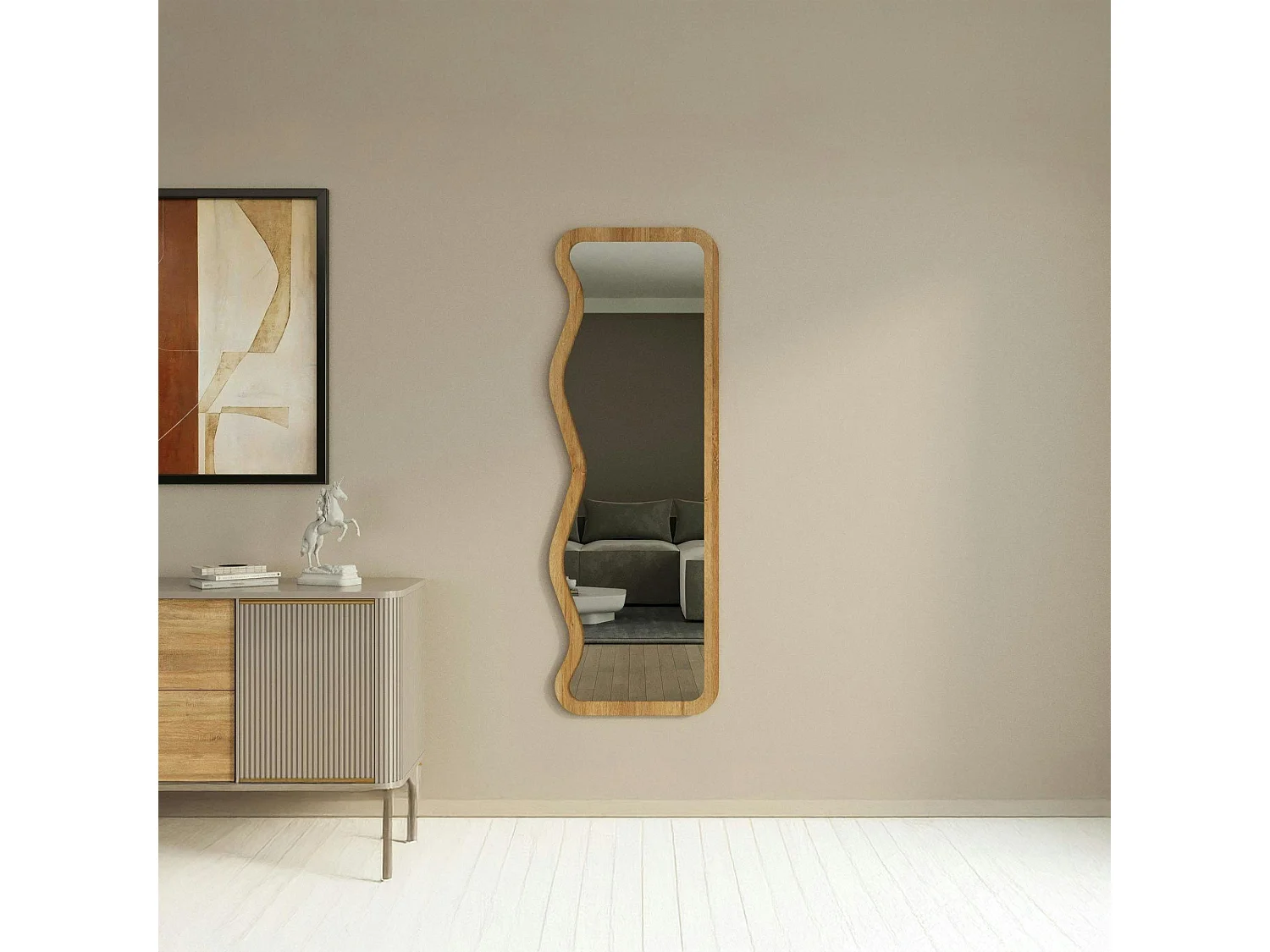 Miroir plein pied moderne - ondulations effet bois clair CODY