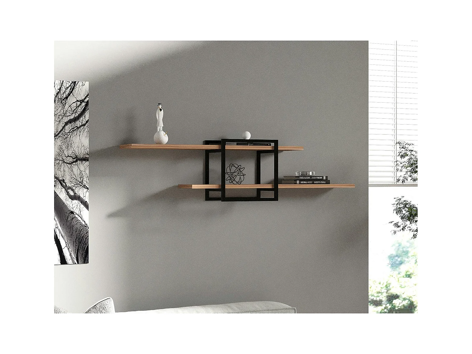 Étagère murale design effet pin - 1 cube, 2 plateaux JENA