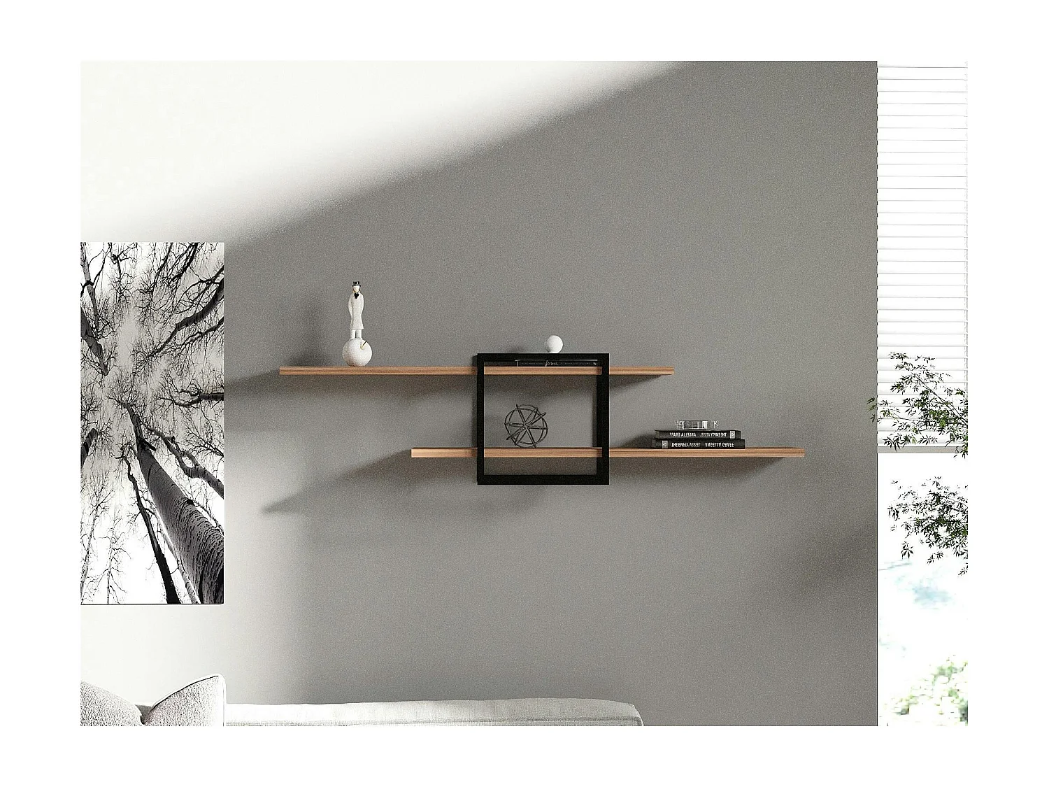 Étagère murale design effet pin - 1 cube, 2 plateaux JENA