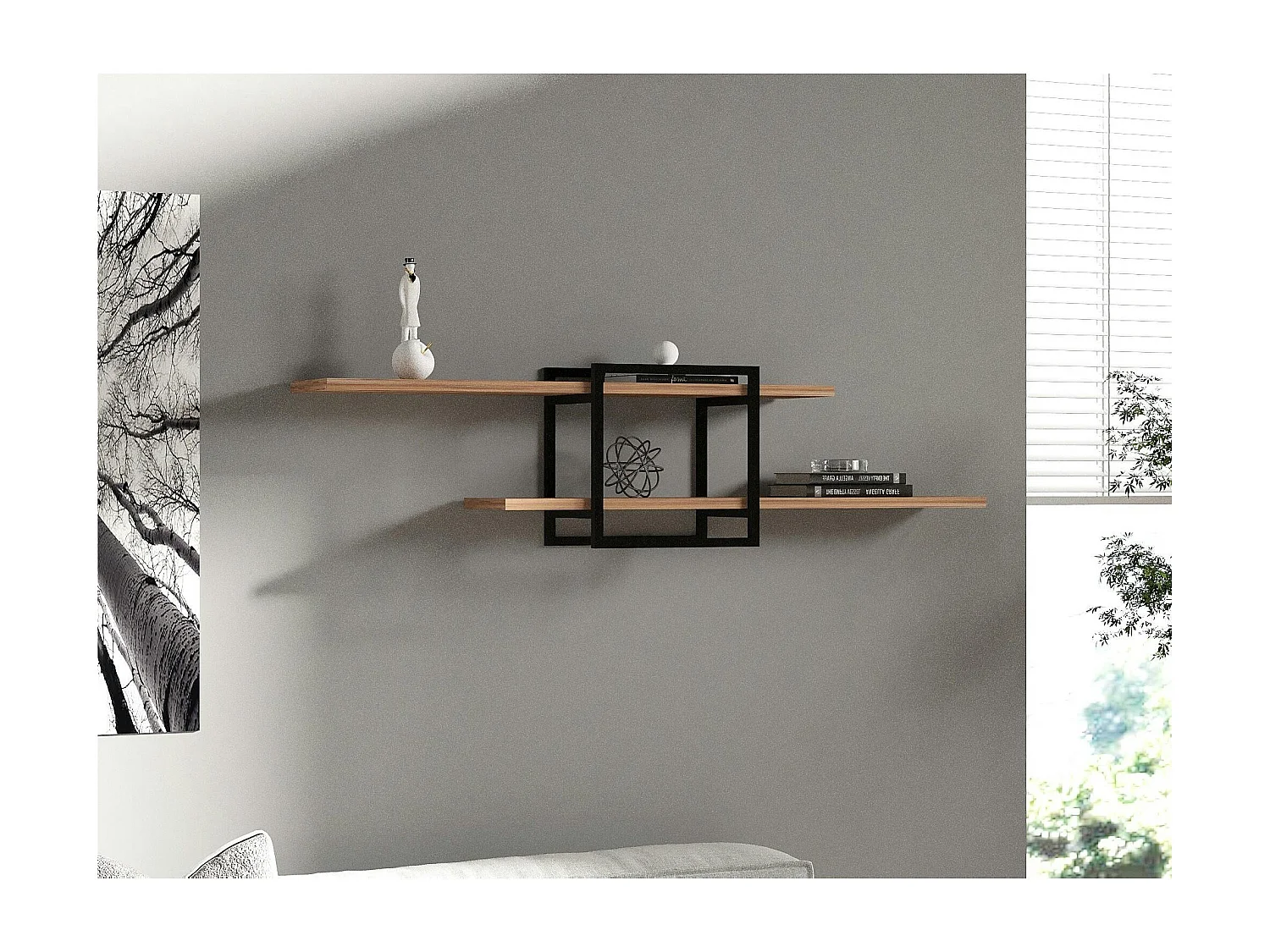 Étagère murale design effet pin - 1 cube, 2 plateaux JENA