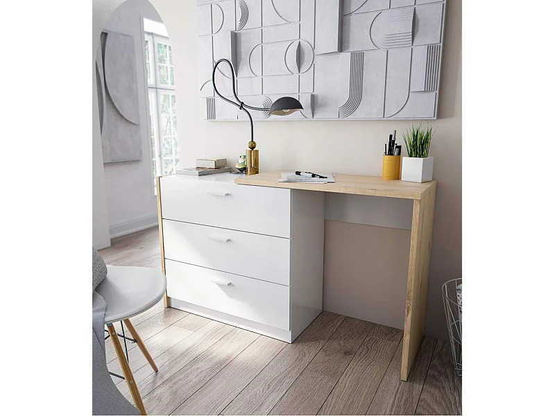 Cómoda de 3 cajones de 75x81x40 cm con escritorio extensible en color blanco y beige Cory