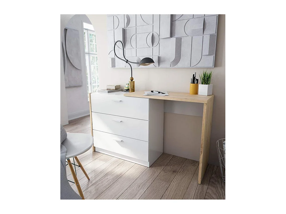 Cómoda de 3 cajones de 75x81x40 cm con escritorio extensible en color blanco y beige Cory