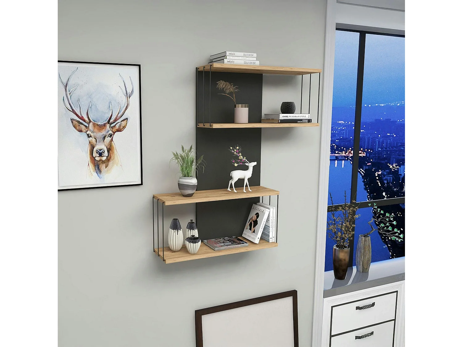 Etagère murale moderne effet bois & gris - 2 niches JENA