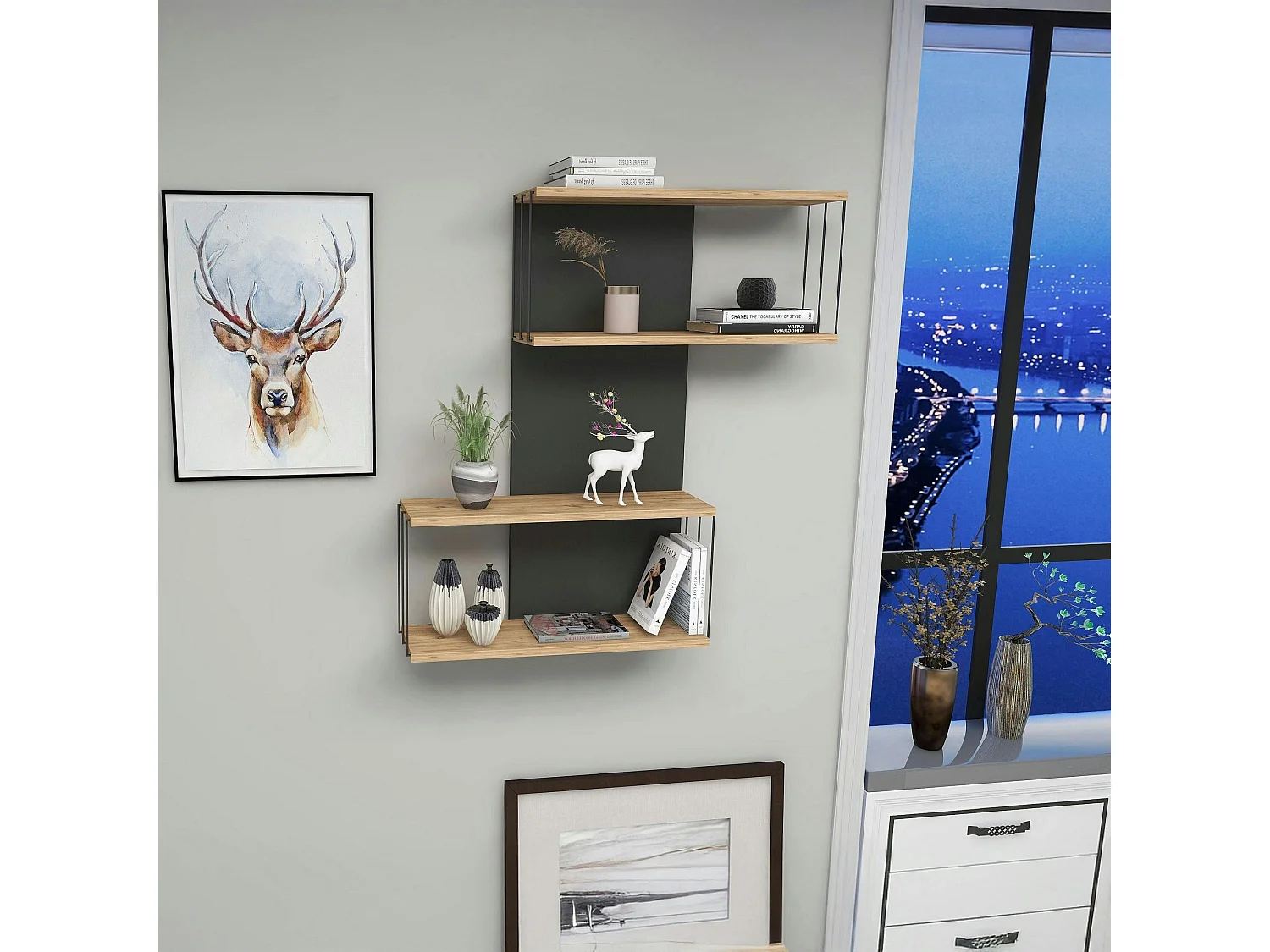 Etagère murale moderne effet bois & gris - 2 niches JENA