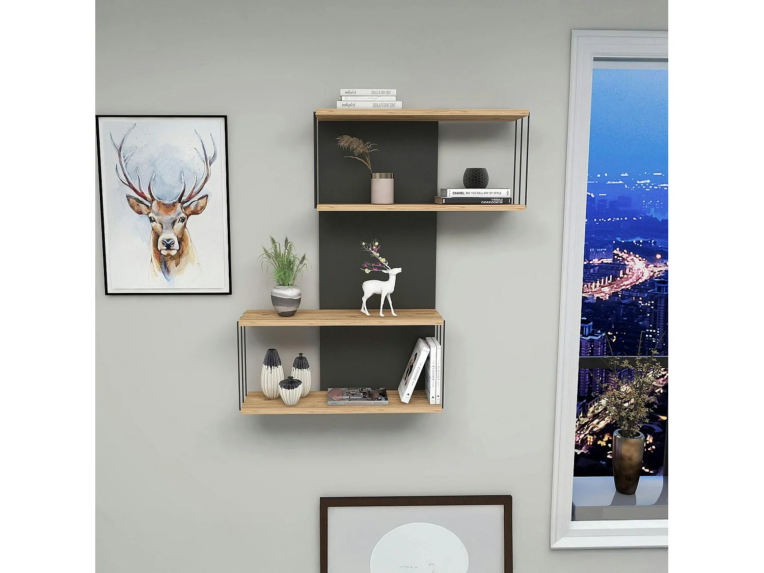 Etagère murale moderne effet bois & gris - 2 niches JENA