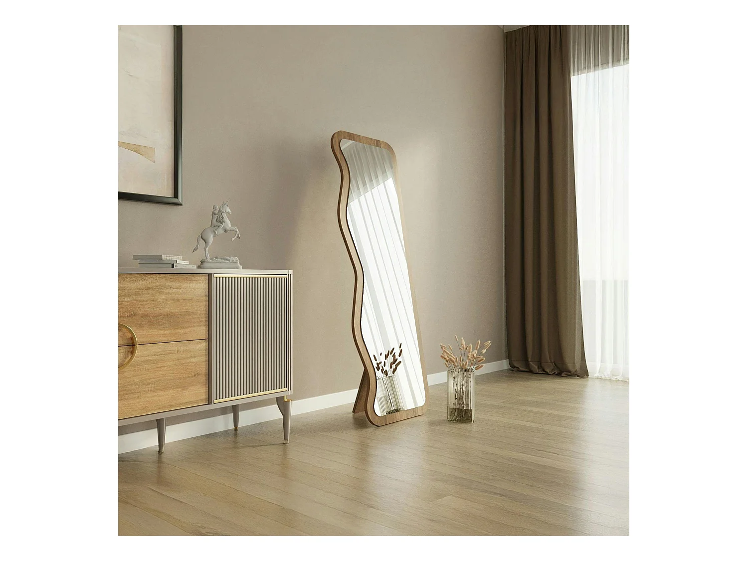 Miroir plein pied moderne 160 cm - ondulations effet noyer CODY
