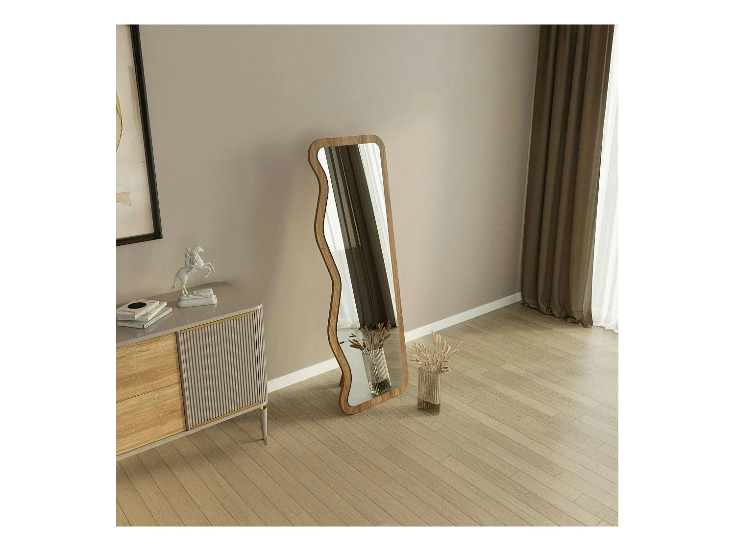 Miroir plein pied moderne 160 cm - ondulations effet noyer CODY