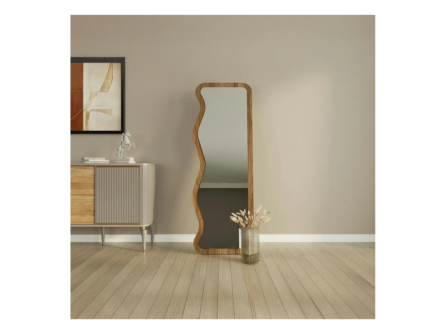 Miroir plein pied moderne 160 cm - ondulations effet noyer CODY