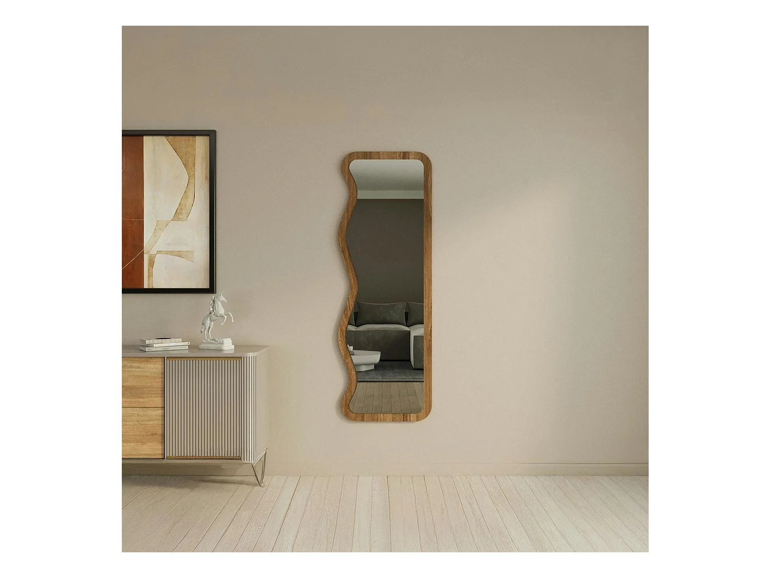 Miroir plein pied moderne 160 cm - ondulations effet noyer CODY