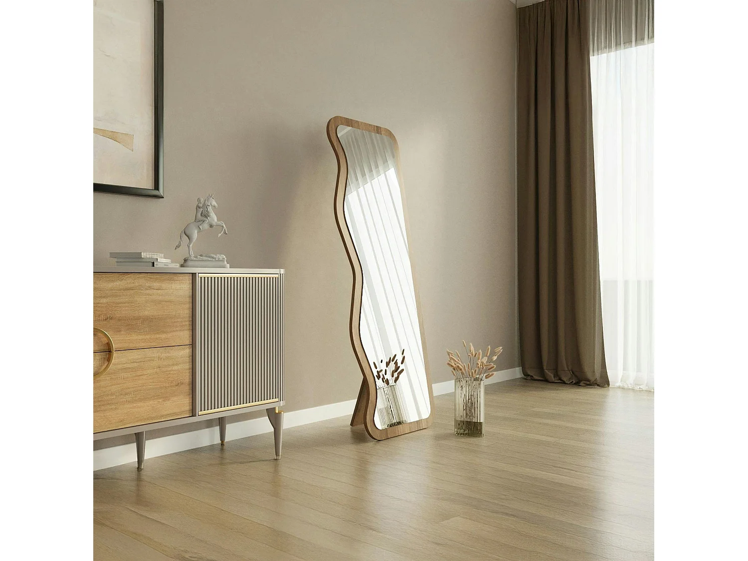 Miroir plein pied moderne 160 cm - ondulations effet noyer CODY