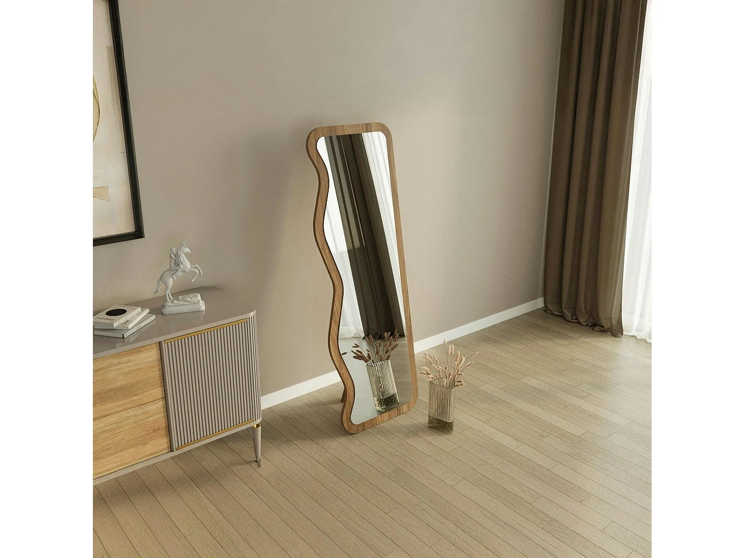 Miroir plein pied moderne 160 cm - ondulations effet noyer CODY