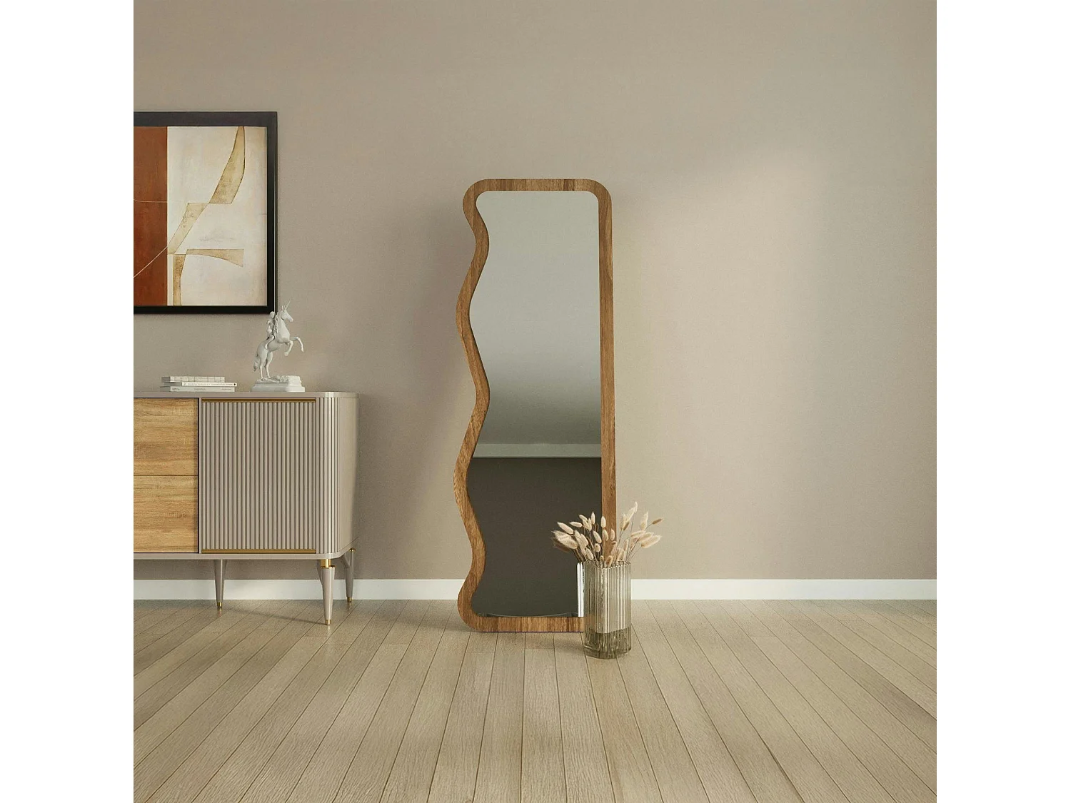 Miroir plein pied moderne 160 cm - ondulations effet noyer CODY