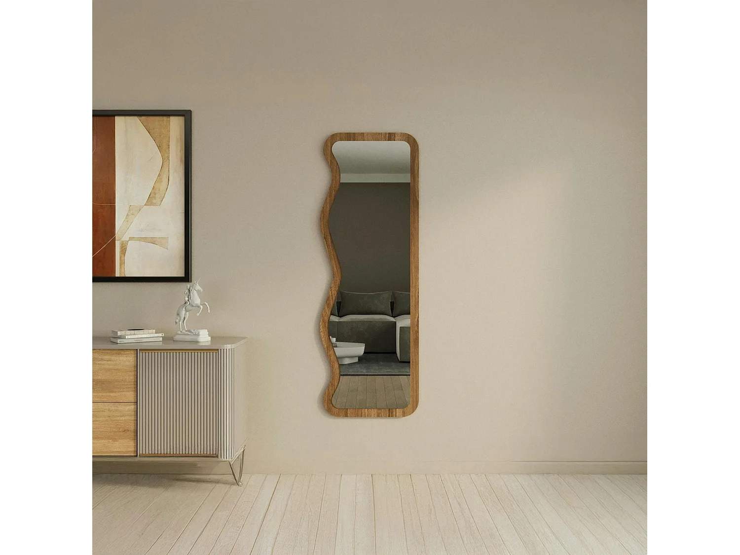 Miroir plein pied moderne 160 cm - ondulations effet noyer CODY