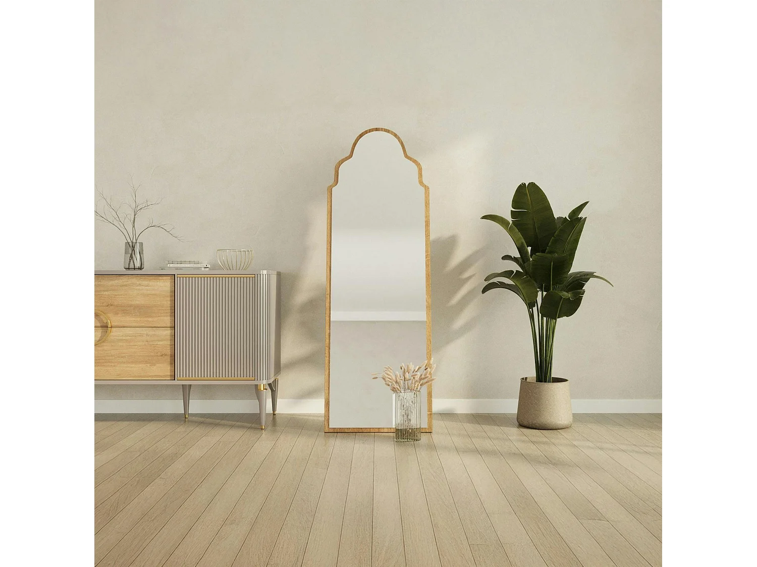 Miroir plein pied arche décorative, effet bois clair 160 cm CODY