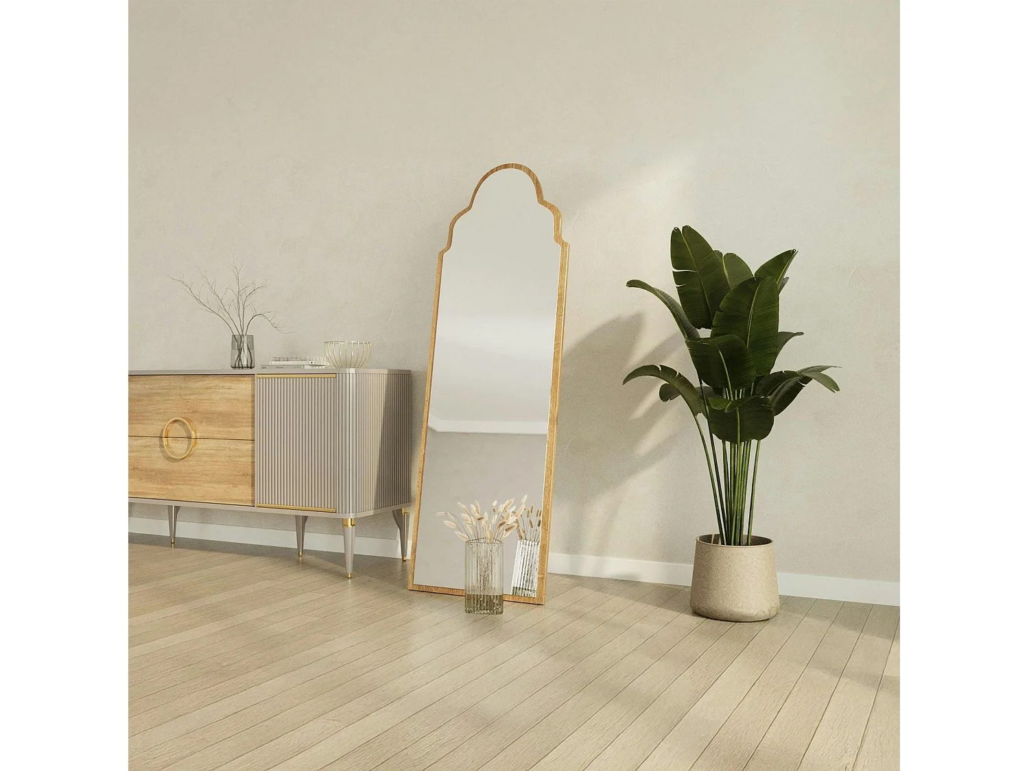 Miroir plein pied arche décorative, effet bois clair 160 cm CODY