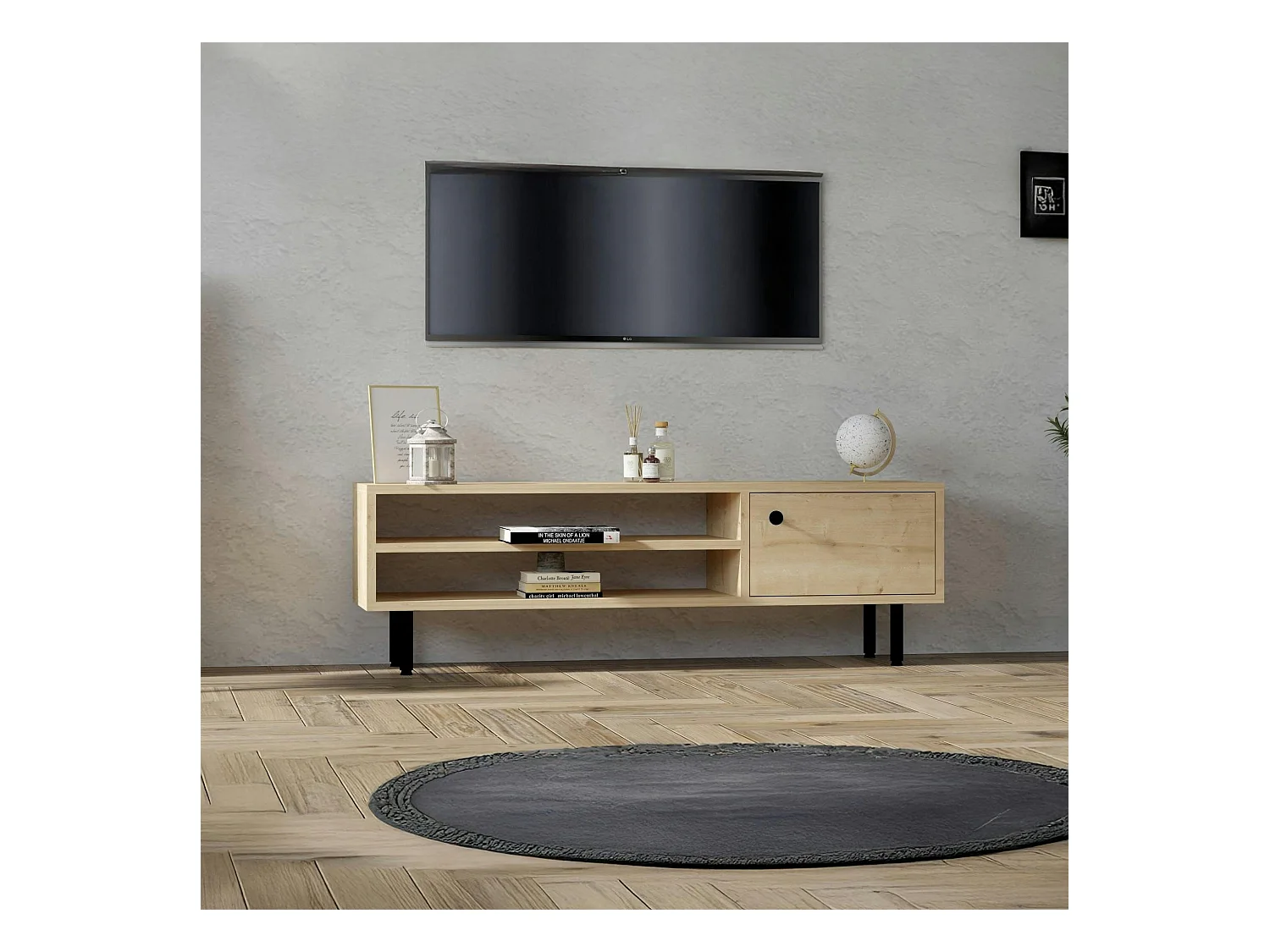 Meuble TV moderne effet bois clair - 2 niches traversantes JENA