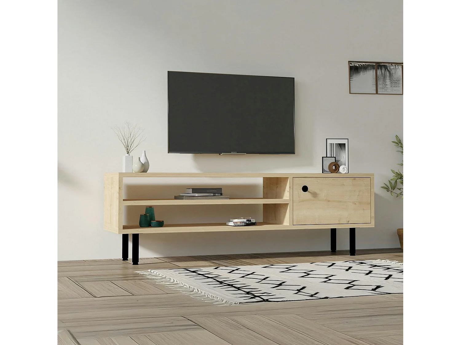 Meuble TV moderne effet bois clair - 2 niches traversantes JENA