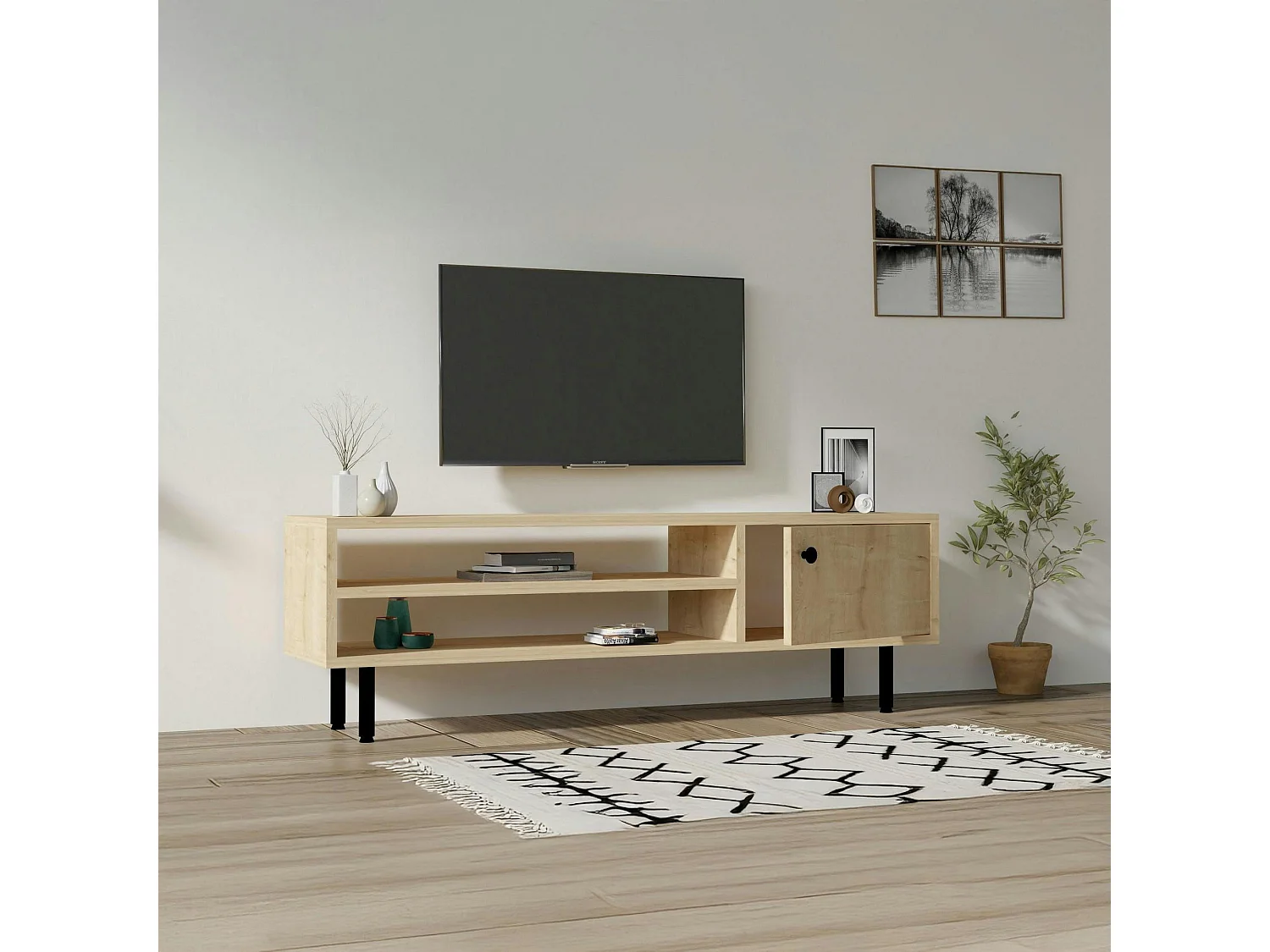 Meuble TV moderne effet bois clair - 2 niches traversantes JENA