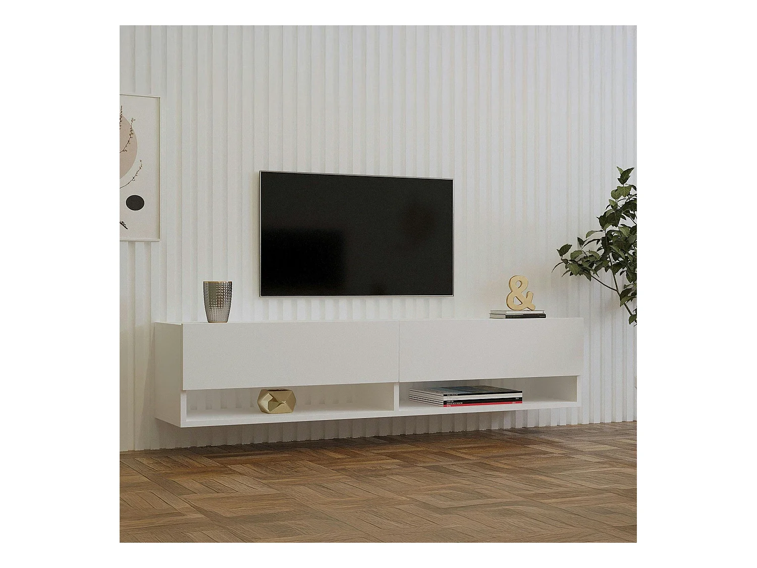 Meuble TV mural blanc - 2 niches ouvertes et 2 portes MARFA