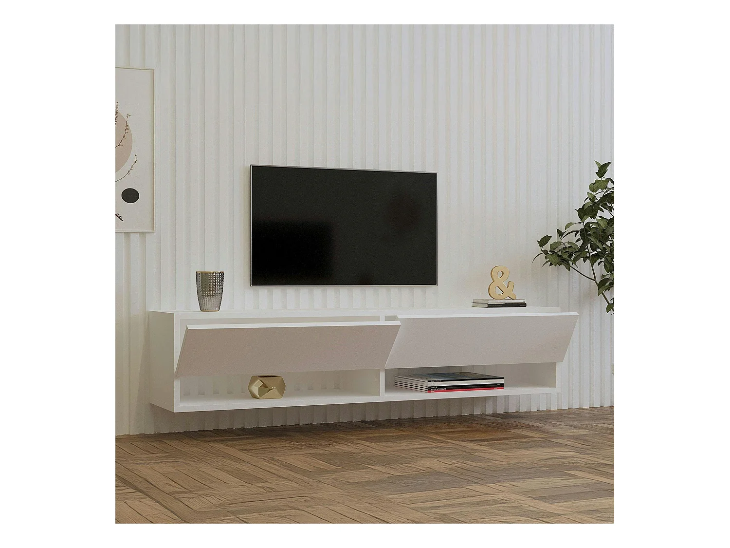 Meuble TV mural blanc - 2 niches ouvertes et 2 portes MARFA