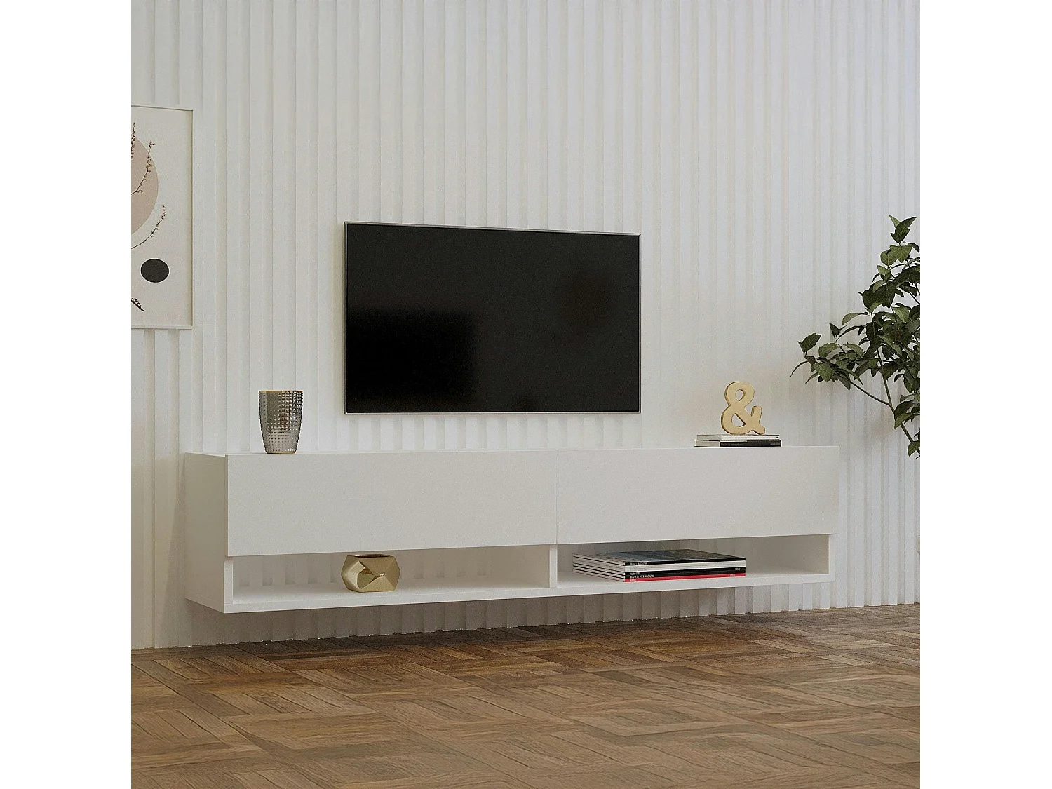 Meuble TV mural blanc - 2 niches ouvertes et 2 portes MARFA