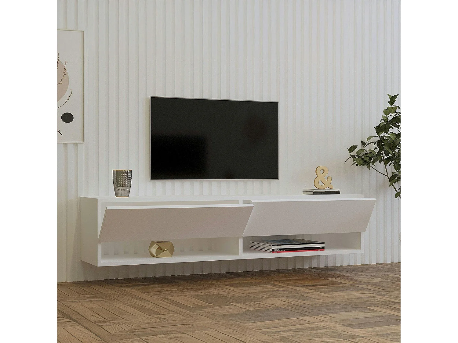 Meuble TV mural blanc - 2 niches ouvertes et 2 portes MARFA