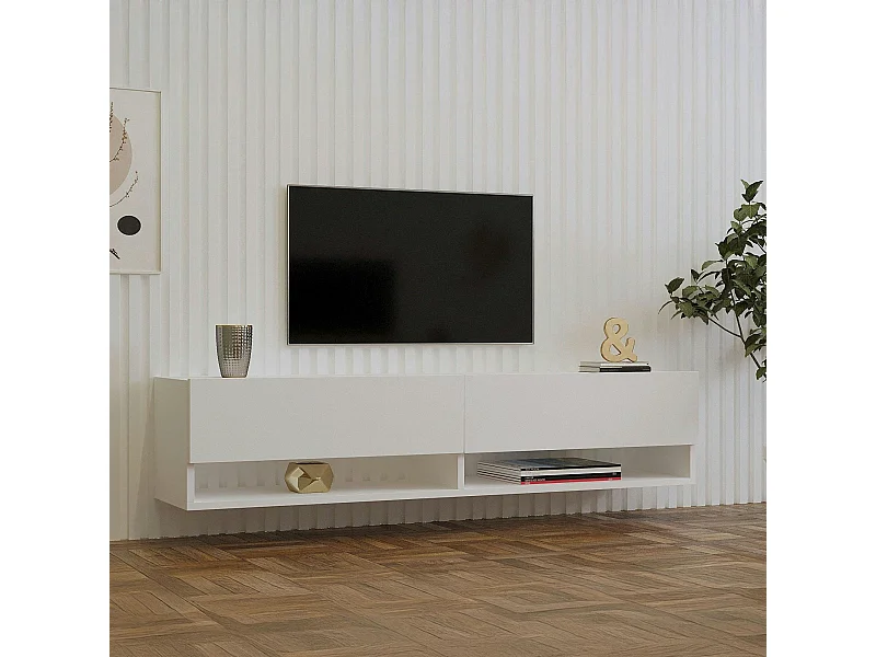 Meuble TV mural blanc - 2 niches ouvertes et 2 portes MARFA