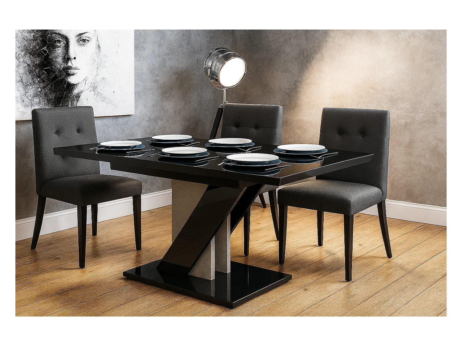 Table à manger extensible EVAN Noir Laqué et beton 120 à 160 cm 6 personnes