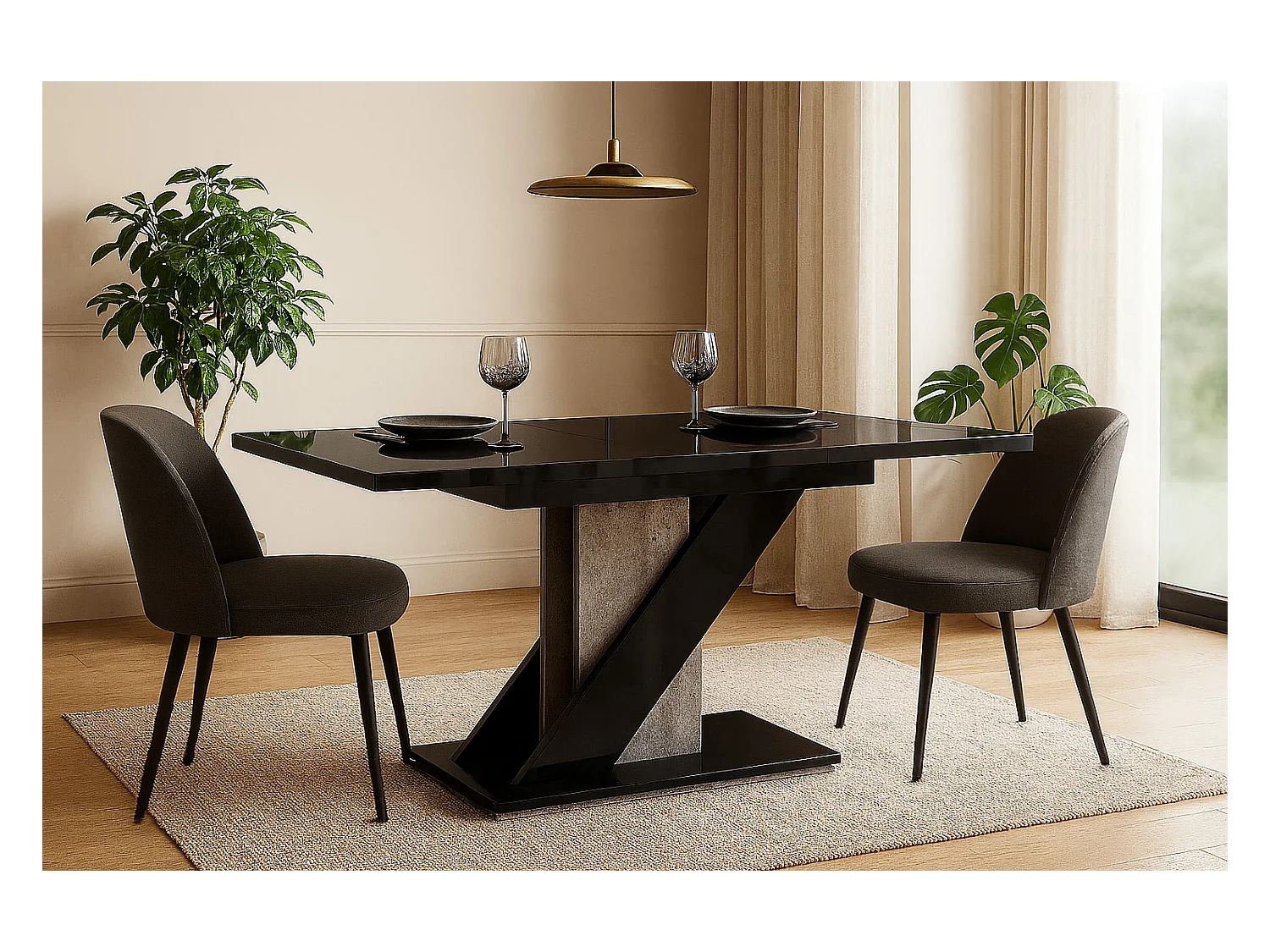 Table à manger extensible EVAN Noir Laqué et beton 120 à 160 cm 6 personnes