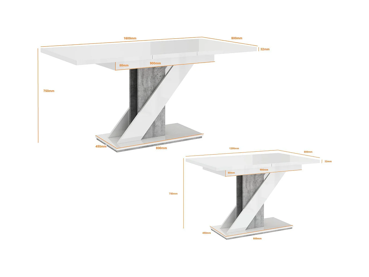 Table à manger extensible EVAN Noir Laqué et beton 120 à 160 cm 6 personnes