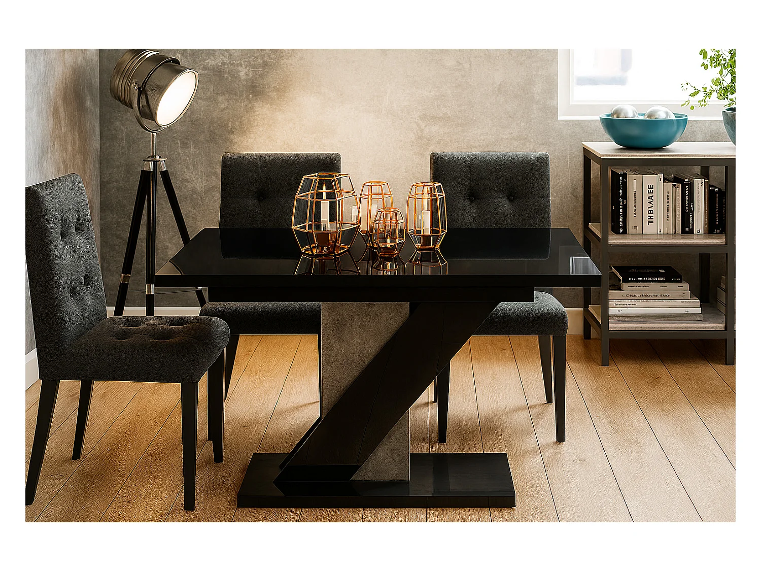 Table à manger extensible EVAN Noir Laqué et beton 120 à 160 cm 6 personnes