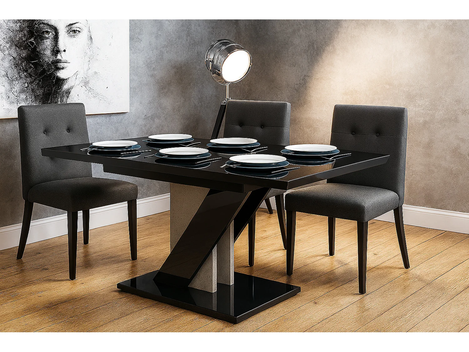 Table à manger extensible EVAN Noir Laqué et beton 120 à 160 cm 6 personnes