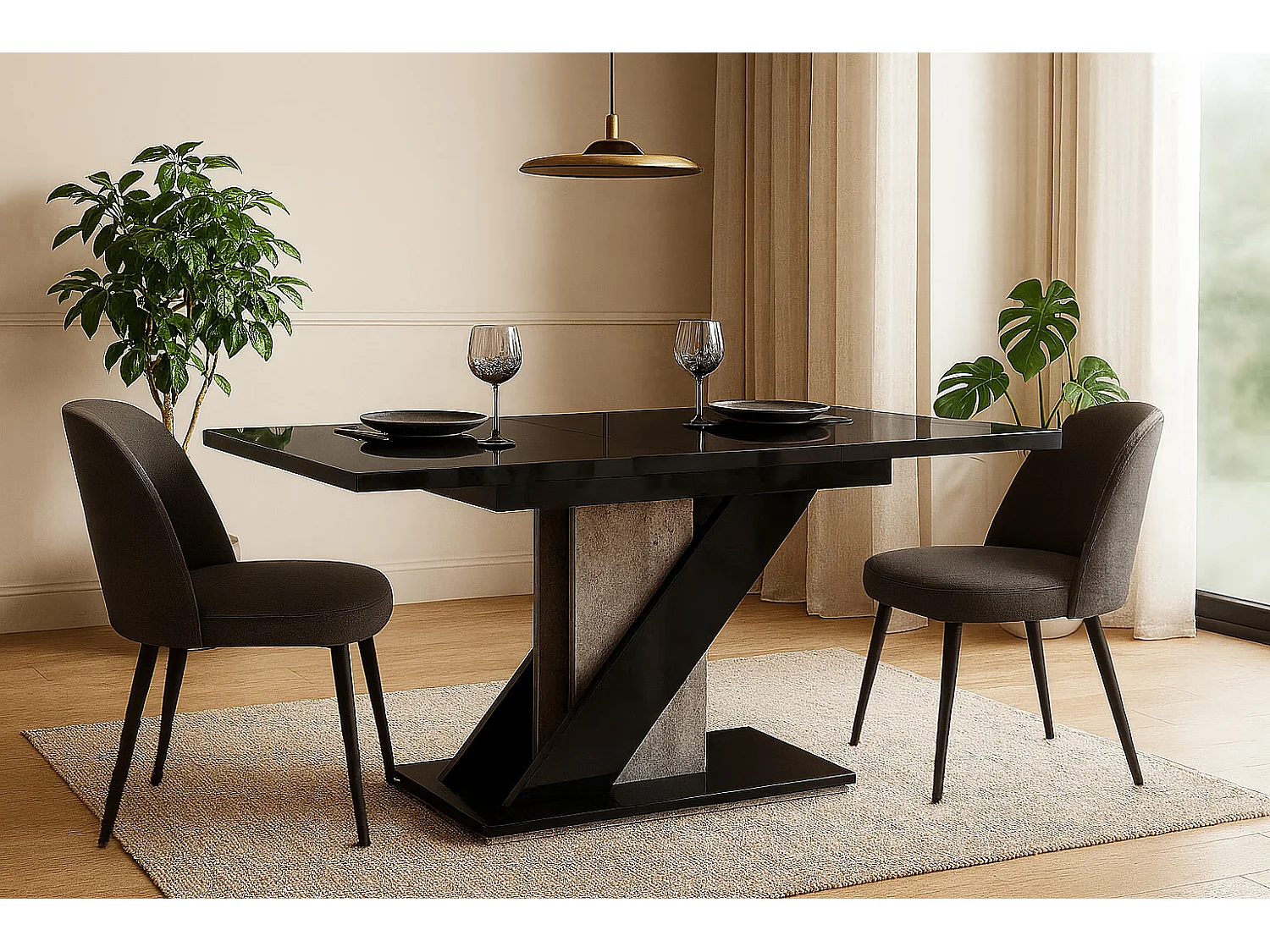 Table à manger extensible EVAN Noir Laqué et beton 120 à 160 cm 6 personnes