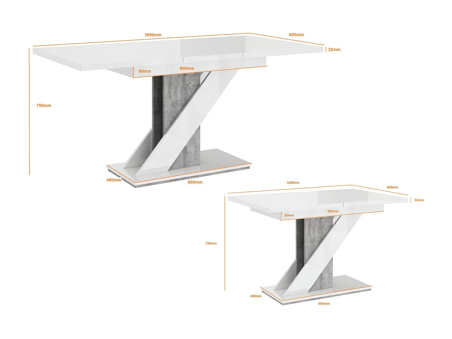 Table à manger extensible EVAN Noir Laqué et beton 120 à 160 cm 6 personnes
