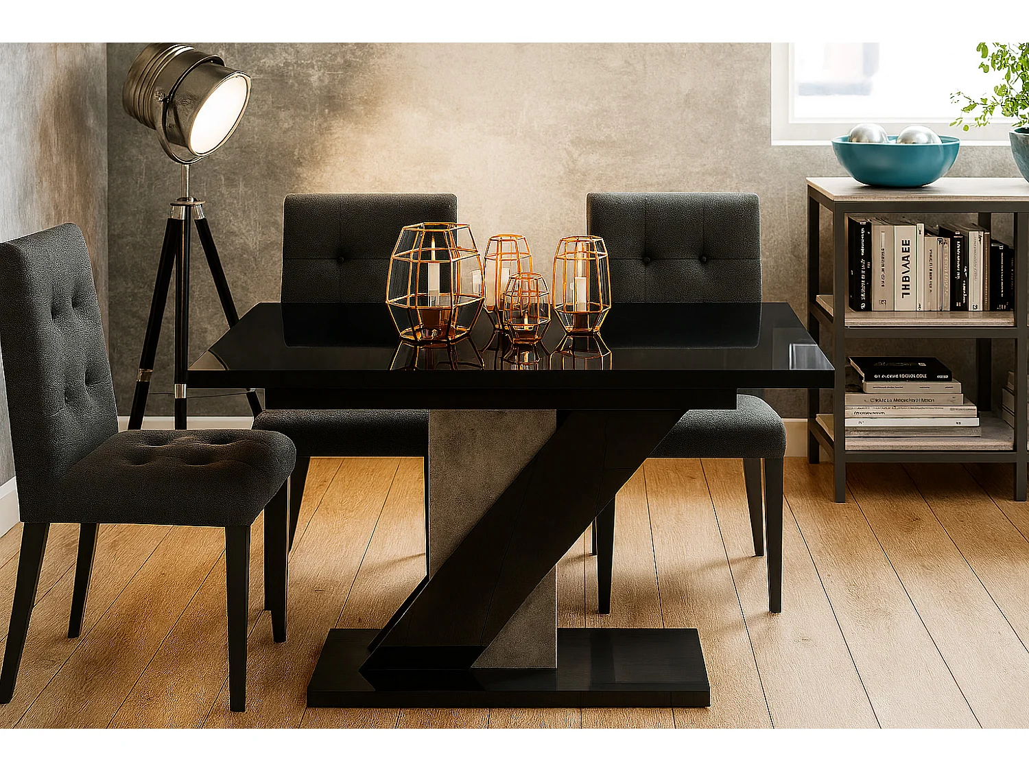 Table à manger extensible EVAN Noir Laqué et beton 120 à 160 cm 6 personnes