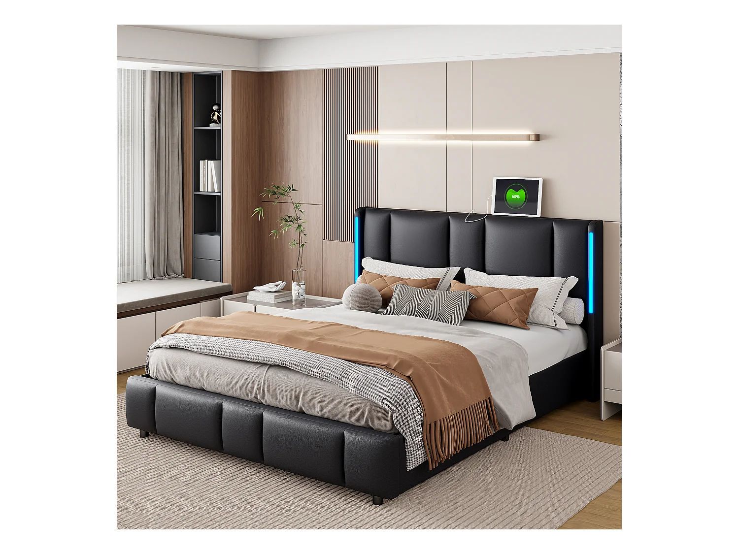 Lit Capitonné 160 X 200 Cm, Avec LED Et USB De Type C, Lit Double Avec Sommier à Lattes, Pu, Noir