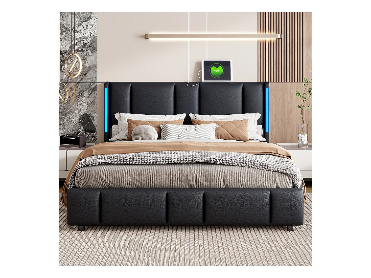 Lit Capitonné 160 X 200 Cm, Avec LED Et USB De Type C, Lit Double Avec Sommier à Lattes, Pu, Noir