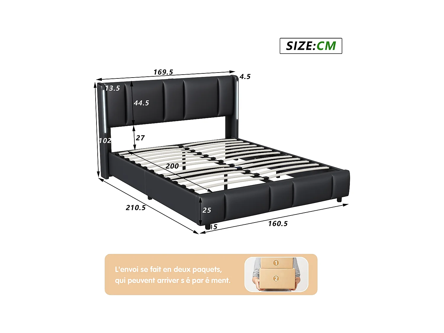 Lit Capitonné 160 X 200 Cm, Avec LED Et USB De Type C, Lit Double Avec Sommier à Lattes, Pu, Noir