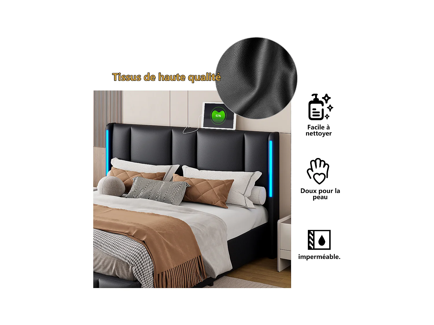 Lit Capitonné 160 X 200 Cm, Avec LED Et USB De Type C, Lit Double Avec Sommier à Lattes, Pu, Noir