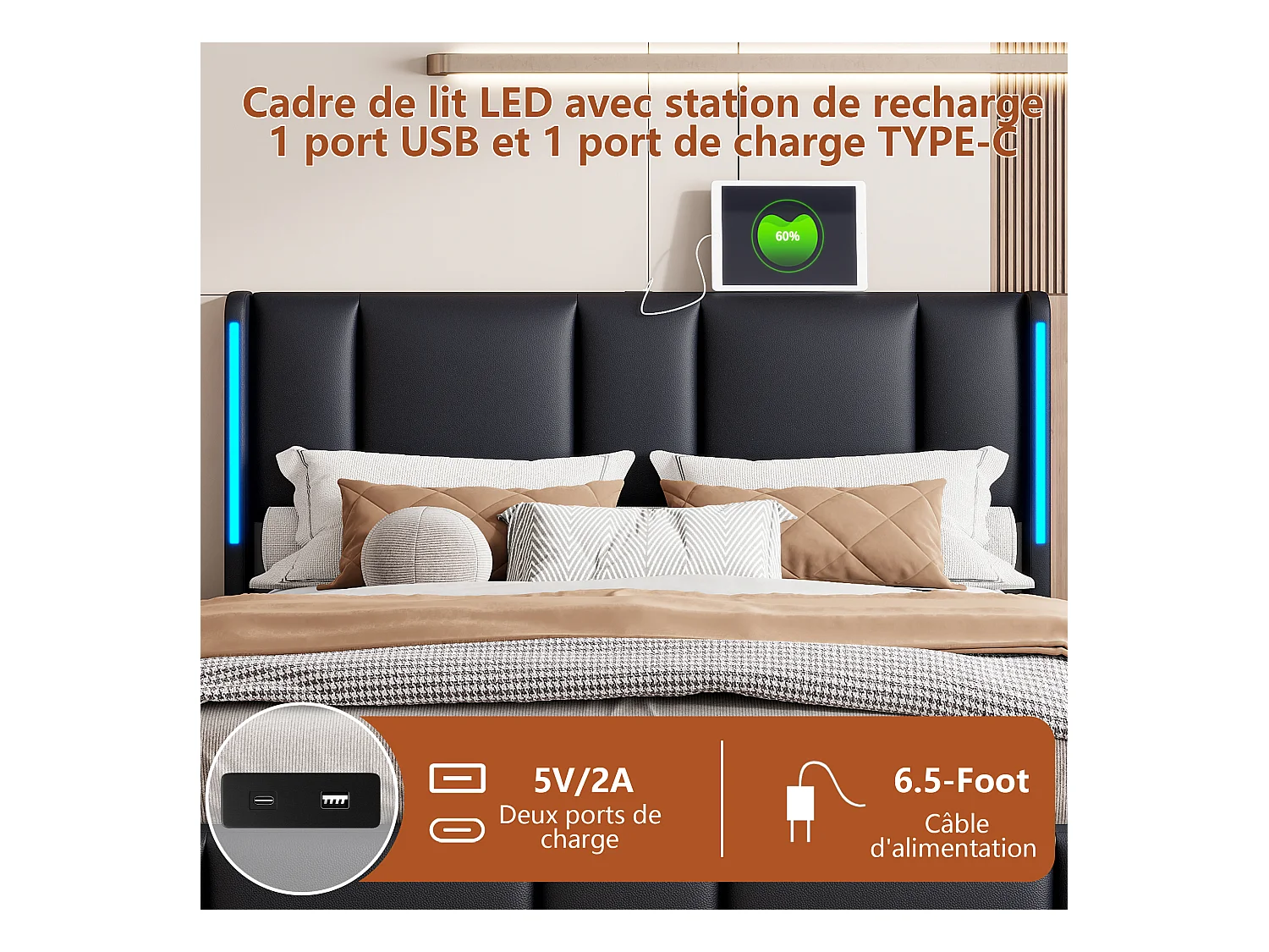 Lit Capitonné 160 X 200 Cm, Avec LED Et USB De Type C, Lit Double Avec Sommier à Lattes, Pu, Noir